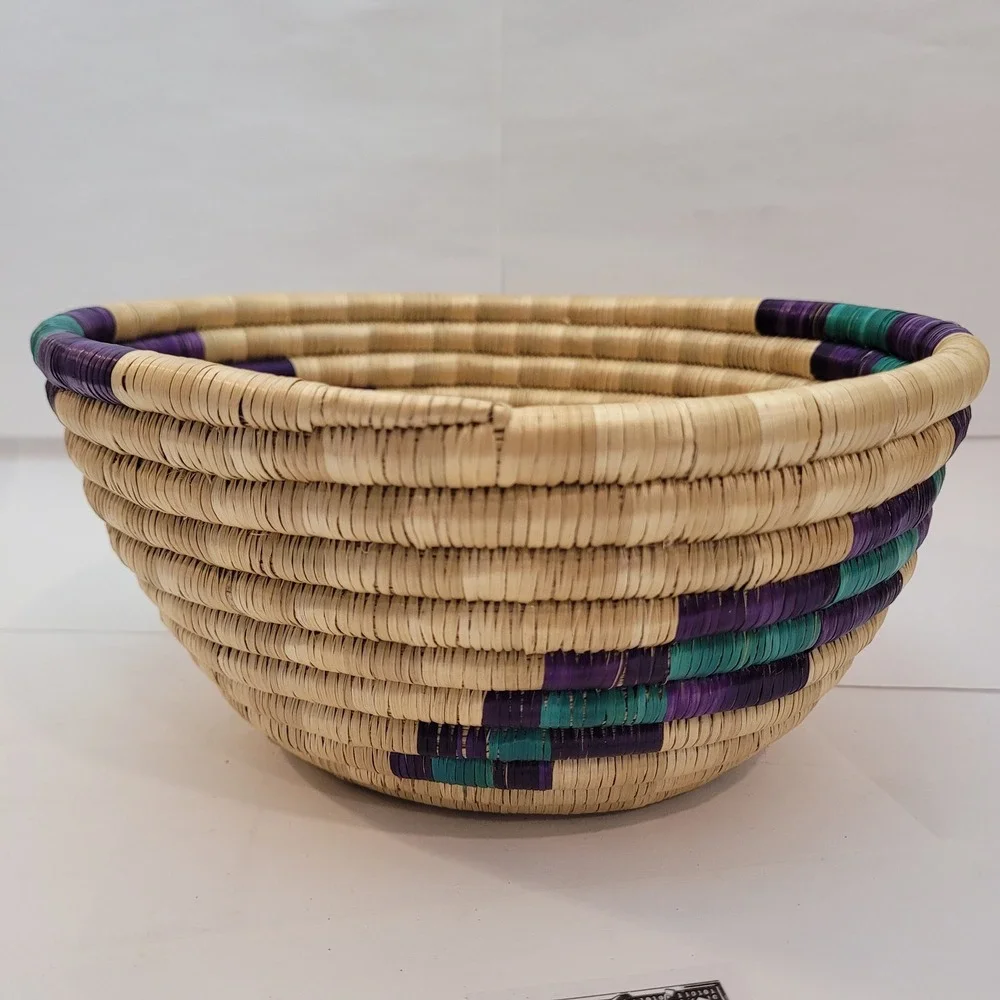 Woven Basket Bowl Home Decor Purple Teal Tan Handcrafted Coiled 9in Weave